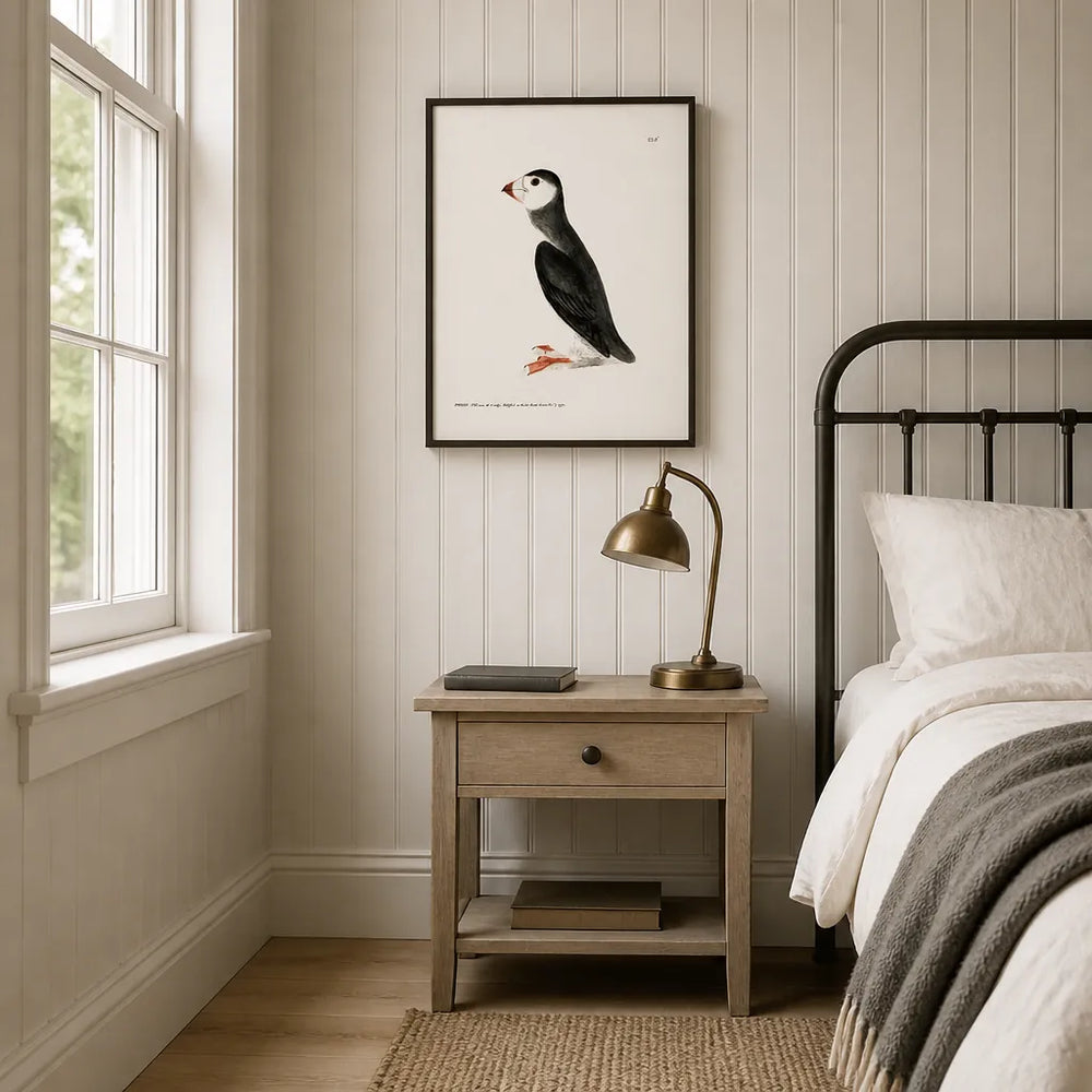 Room mockup featuring Puffin Vintage Bird Print