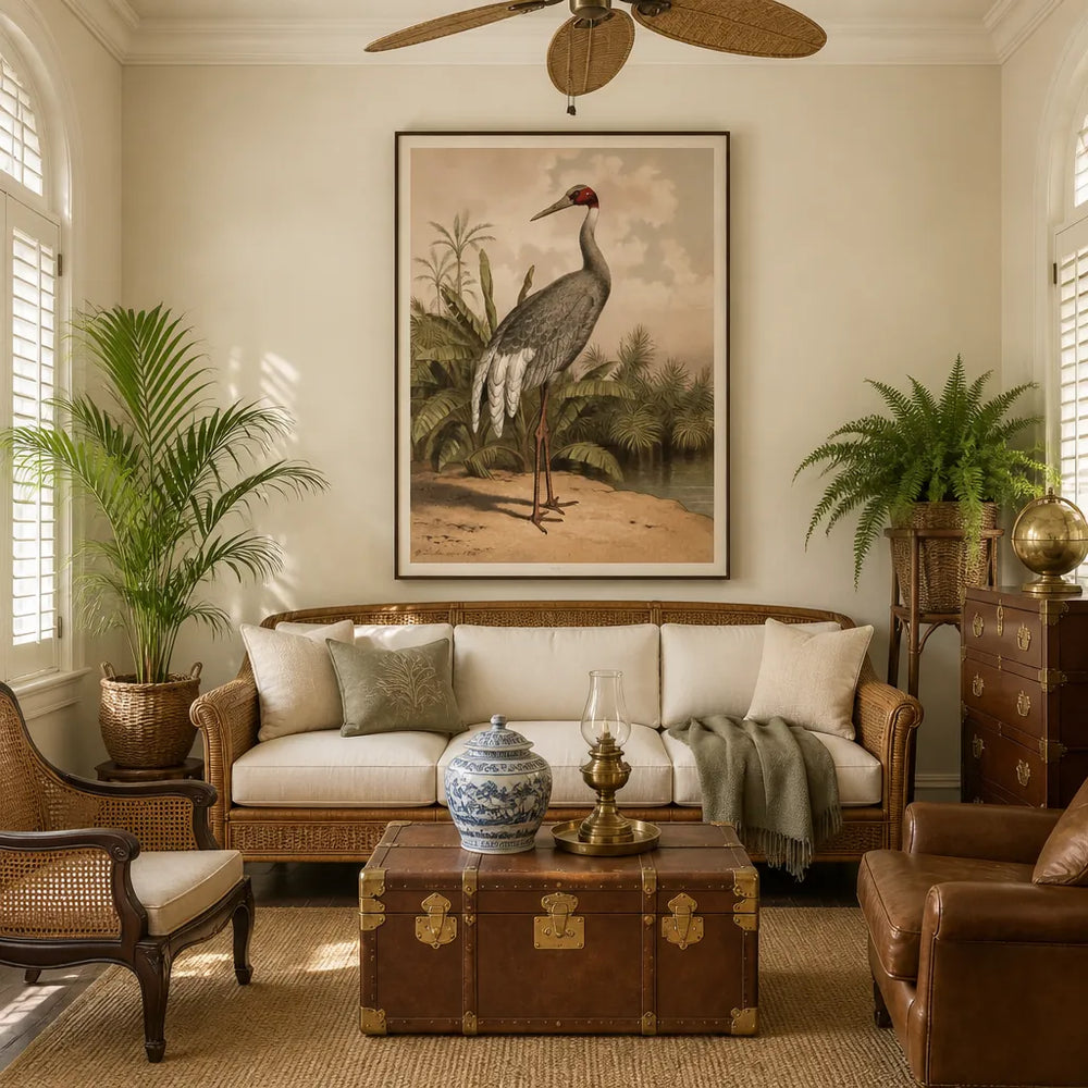 Room mockup featuring Sarus Crane by Leutemann Art Print