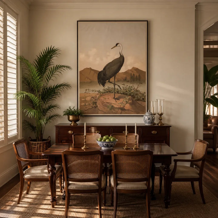 Room mockup featuring Hooded Crane by Leutemann Art Print