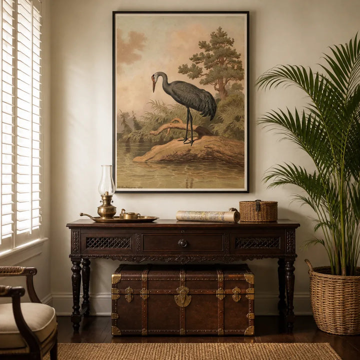 Room mockup featuring Canadian Crane by Leutemann Art Print