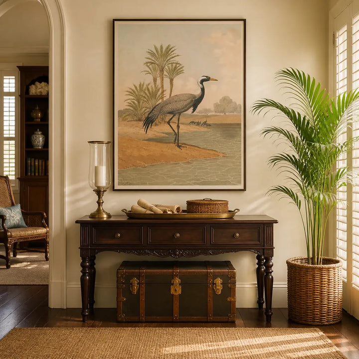 Room mockup featuring Demoiselle Crane by Leutemann Art Print