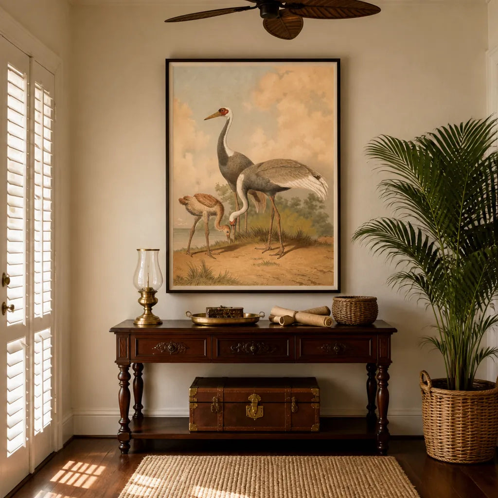 Room mockup featuring White-Necked Crane by Leutemann Art Print