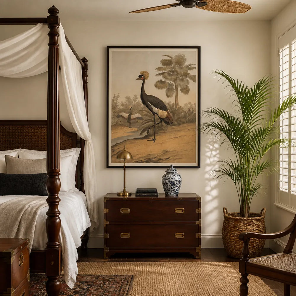Room mockup featuring Balearic Crane by Leutemann Art Print