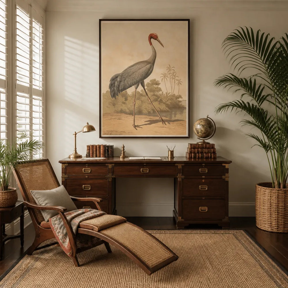 Room mockup featuring Eastern Sarus Crane by Leutemann Art Print