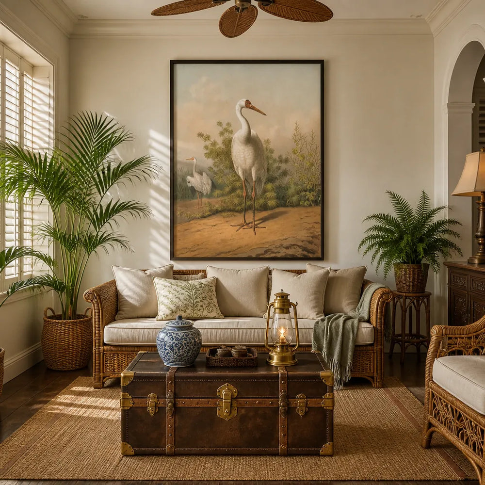 Room mockup featuring Asiatic White Crane by Leutemann Art Print