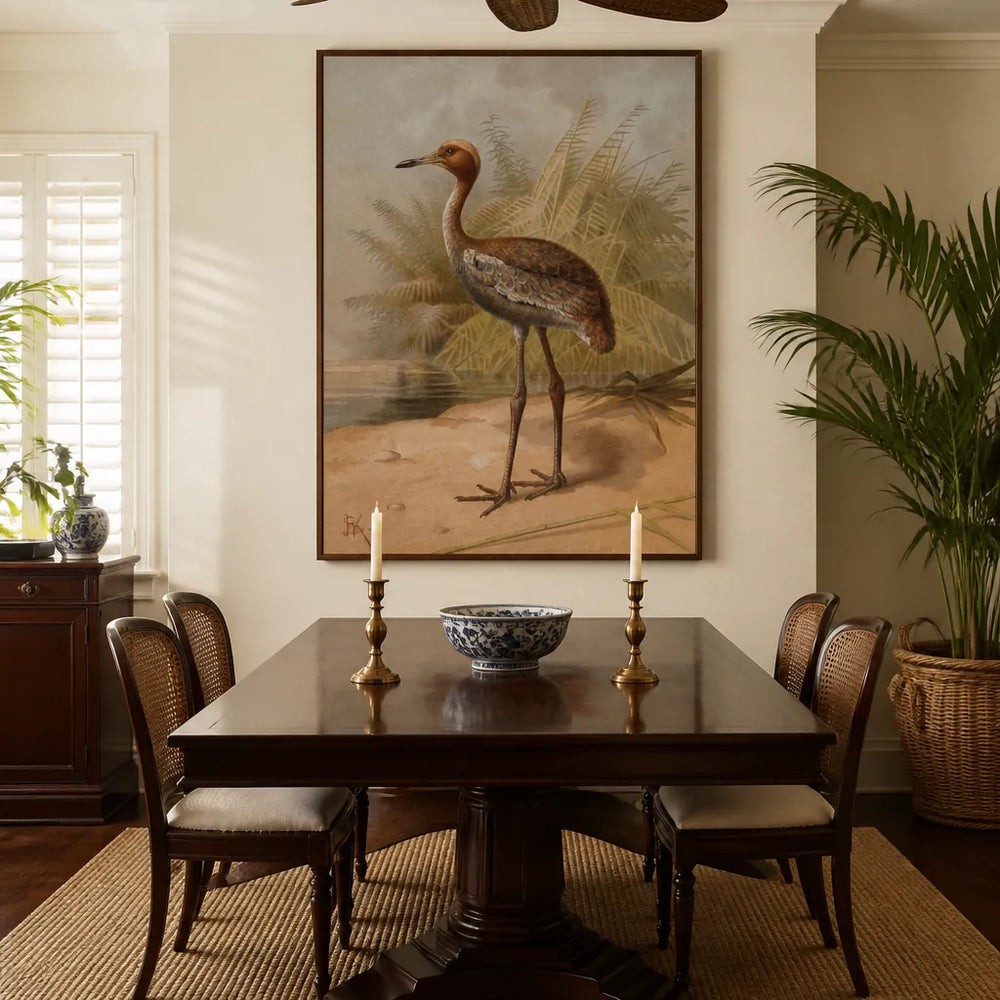 Room mockup featuring Sarus Crane, Immature by Keulemans Art Print