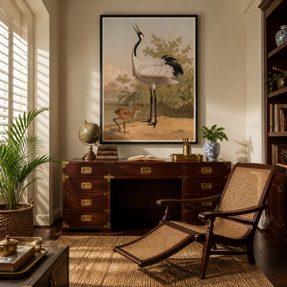 Room mockup featuring Manchurian Crane by Leutemann Art Print