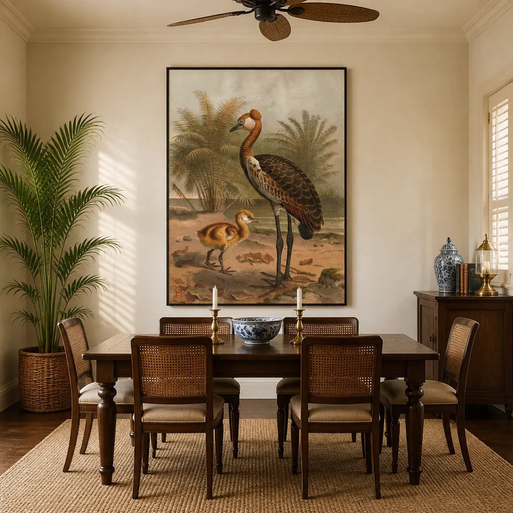 Room mockup featuring Balearic Crane, Immature by Keulemans Art Print