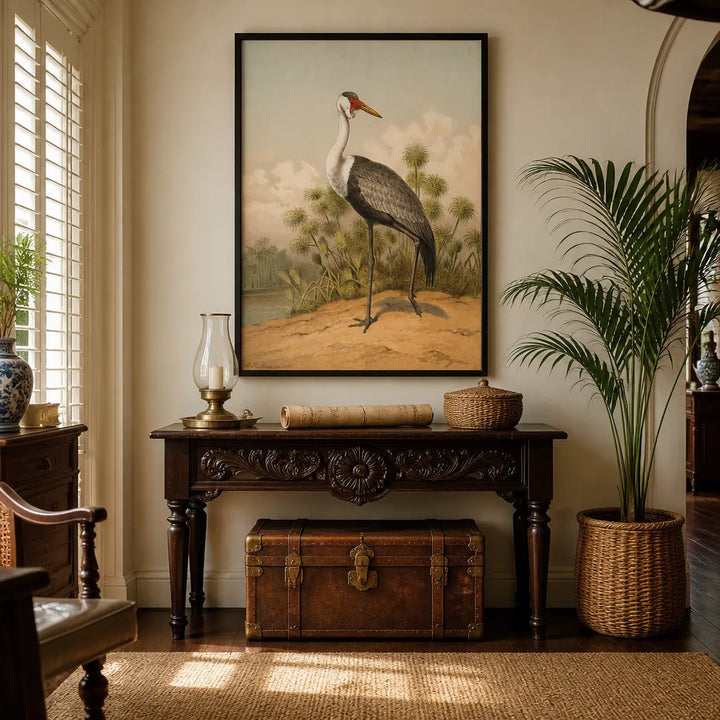 Room mockup featuring Wattled Crane by Leutemann Art Print