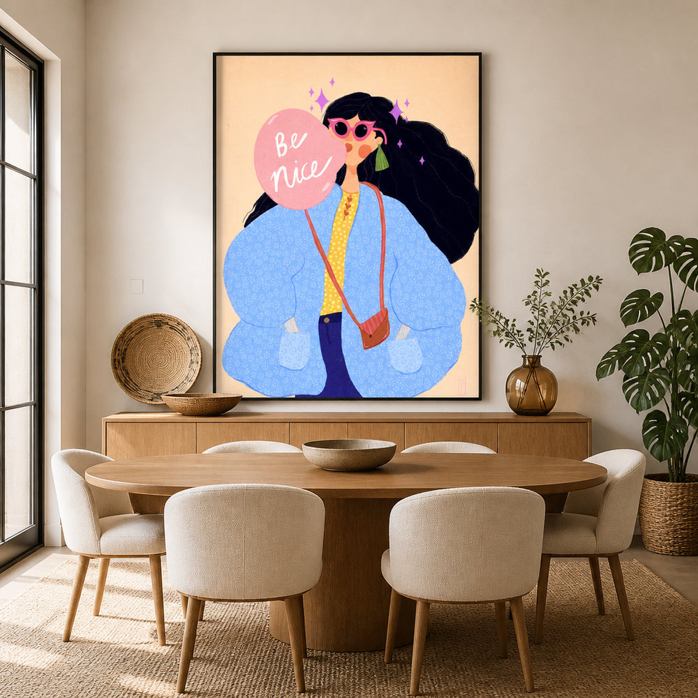 Room mockup featuring Be Nice Bubblegum Girl Art Print