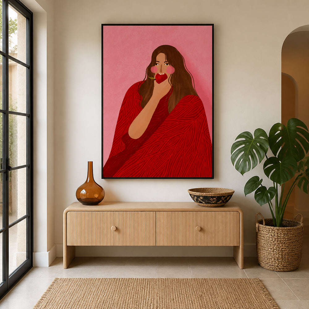 Room mockup featuring Cozy Woman Apple Art Print