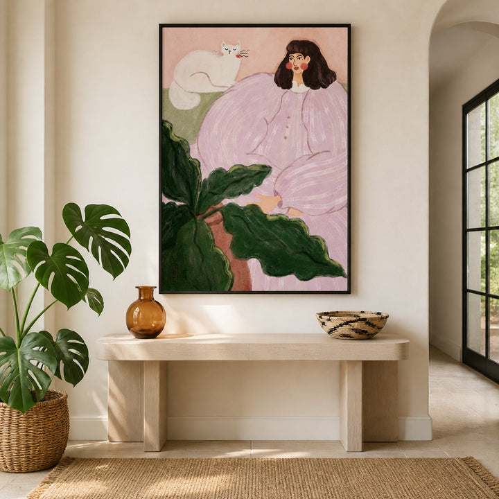 Room mockup featuring Cozy Woman With Cat Art Print
