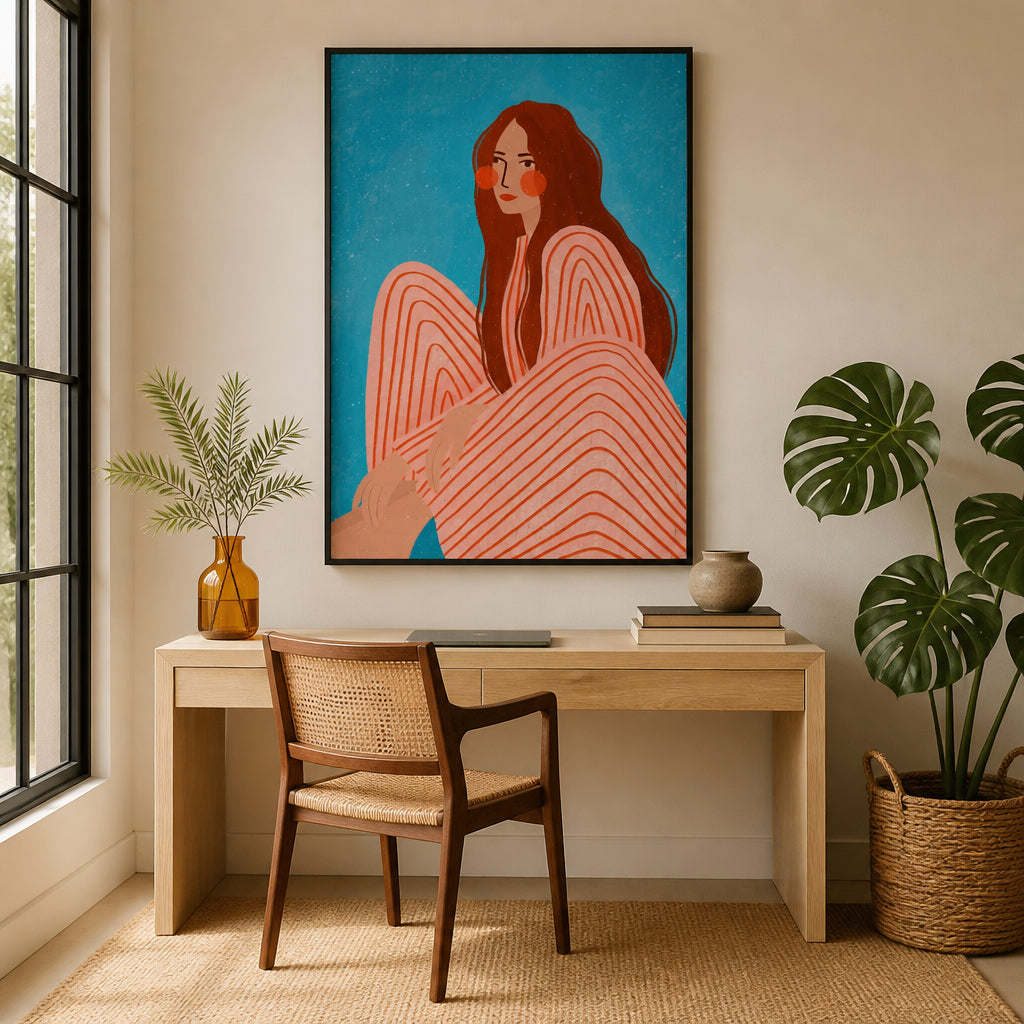 Room mockup featuring Serene Striped Woman Art Print