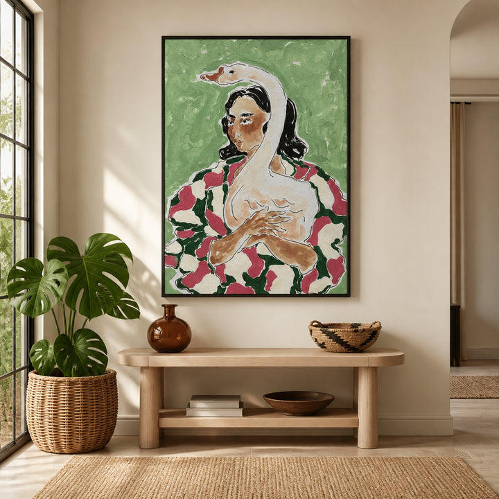 Room mockup featuring Woman and Goose Art Print