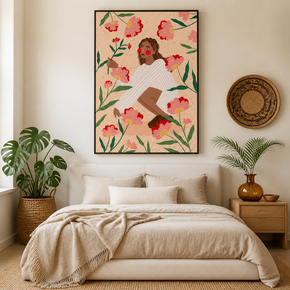 Room mockup featuring Woman In Floral Garden Art Print