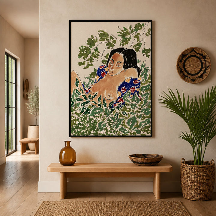 Room mockup featuring Woman In Foliage Art Print