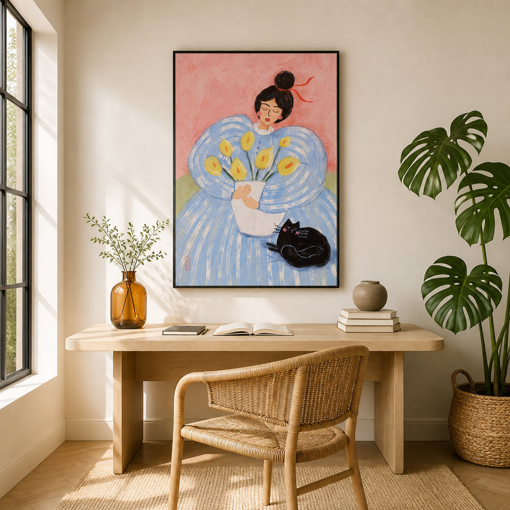Room mockup featuring Woman With Flowers And Cat Art Print