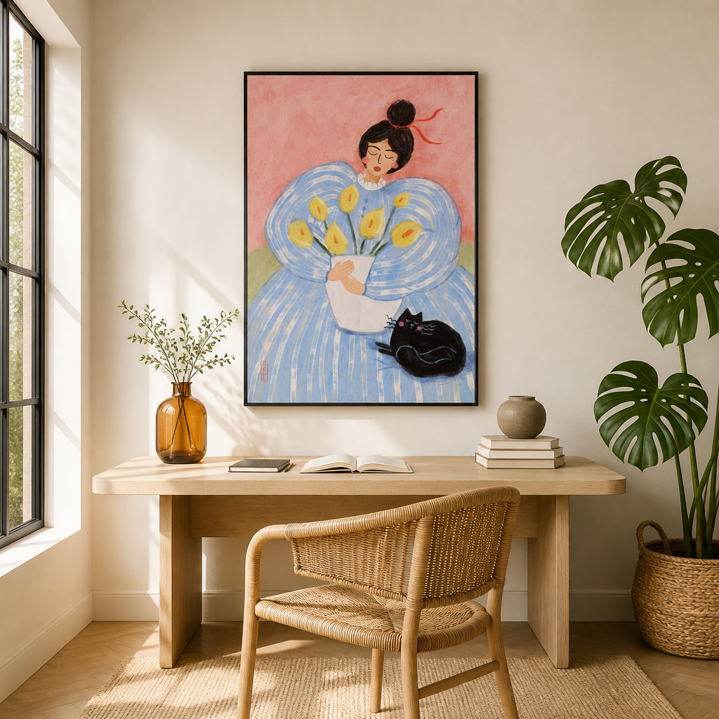 Room mockup featuring Woman With Flowers And Cat Art Print