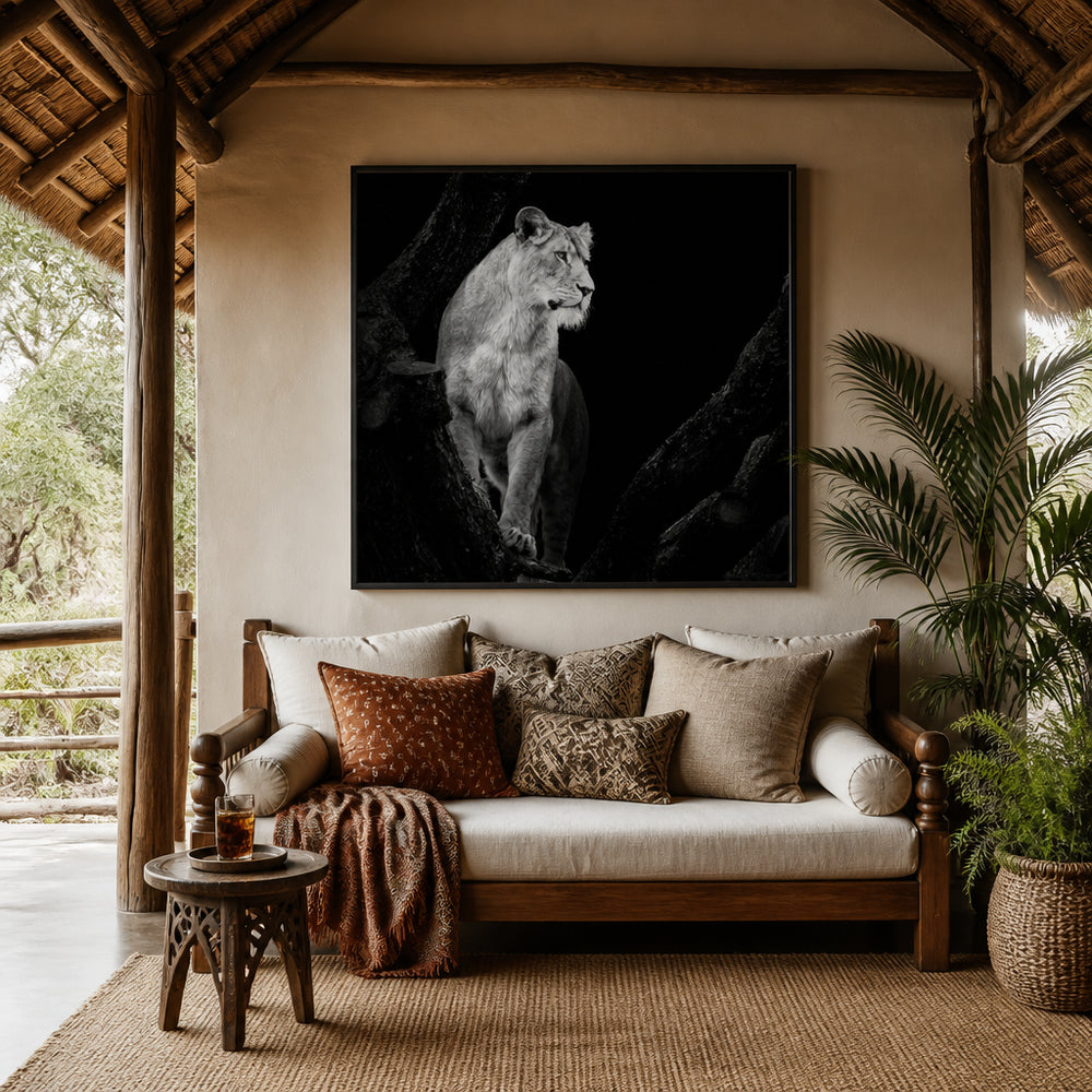 Room mockup featuring Regal Lioness on Branch Photo Print