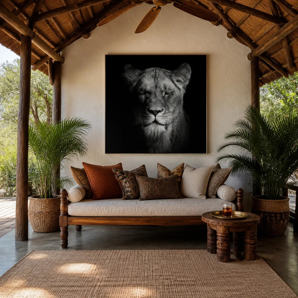 Regal Lioness Portrait Photo Print shown in a styled room