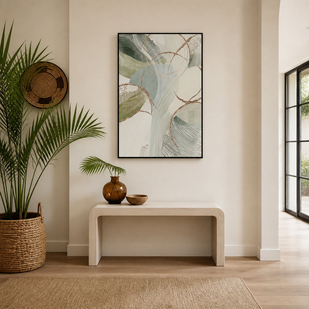 Room mockup featuring Abstract Sage Gold Flow Art Print