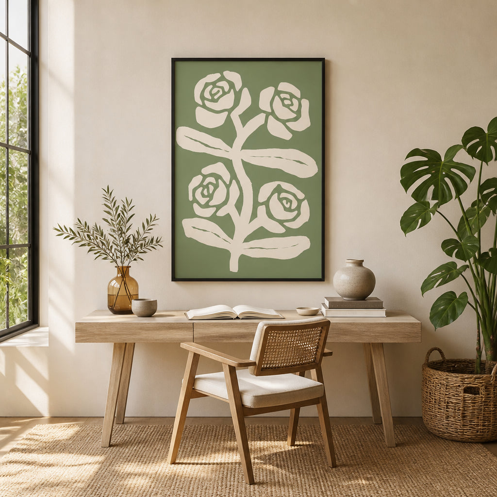 Room mockup featuring Green Botanical Roses Art Print