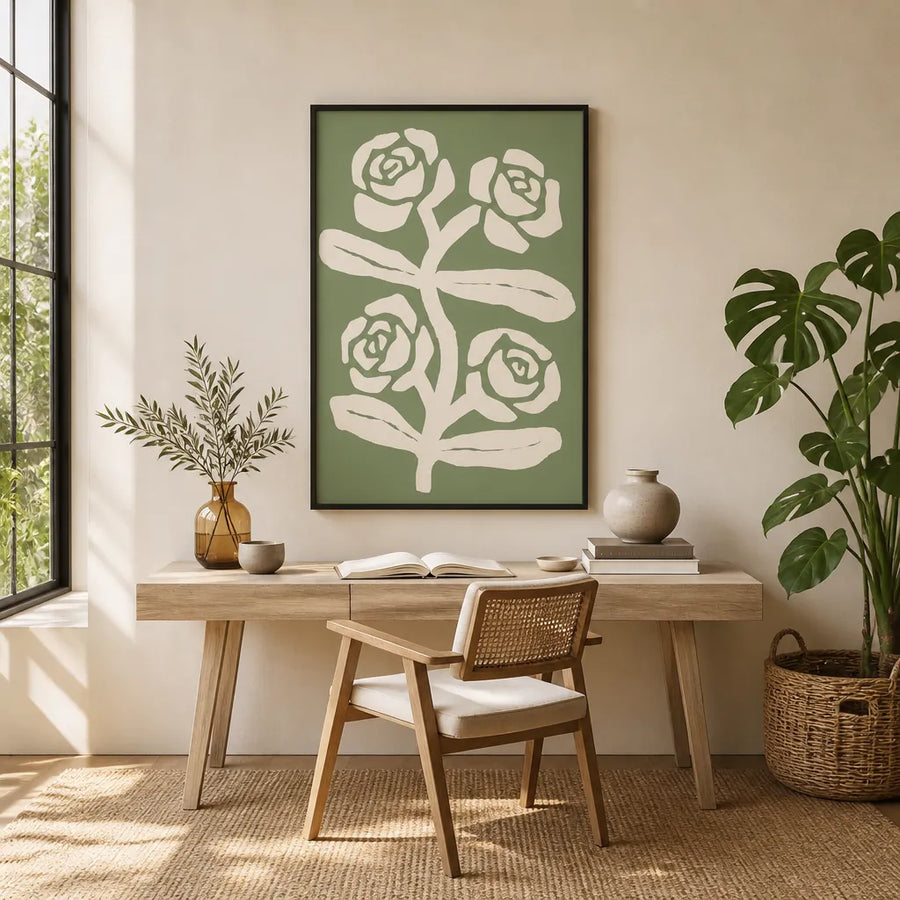 Green Botanical Roses Art Print in a room setting