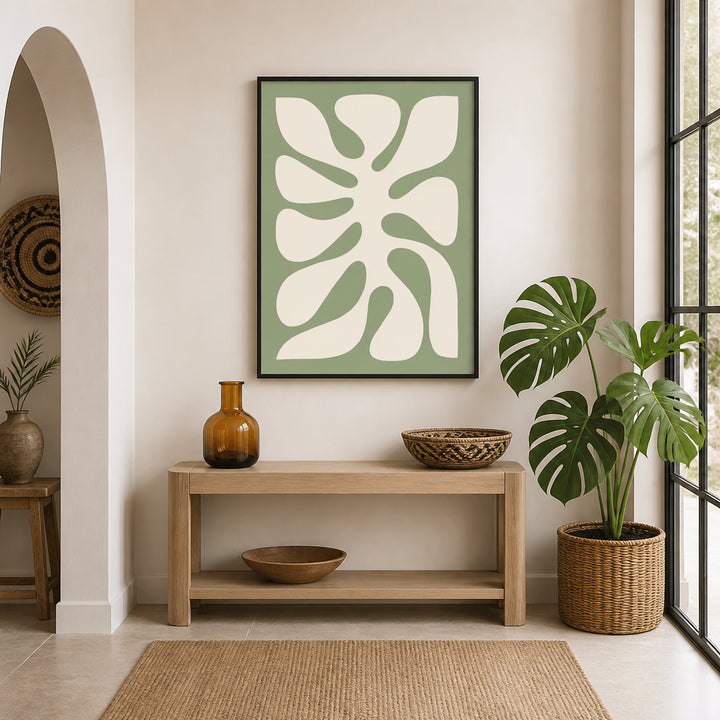 Room mockup featuring Soft Sage Monstera Leaf Art Print