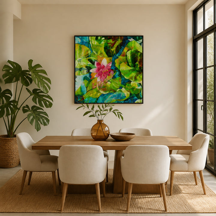 Room mockup featuring Pink Water Lily Pond Art Print