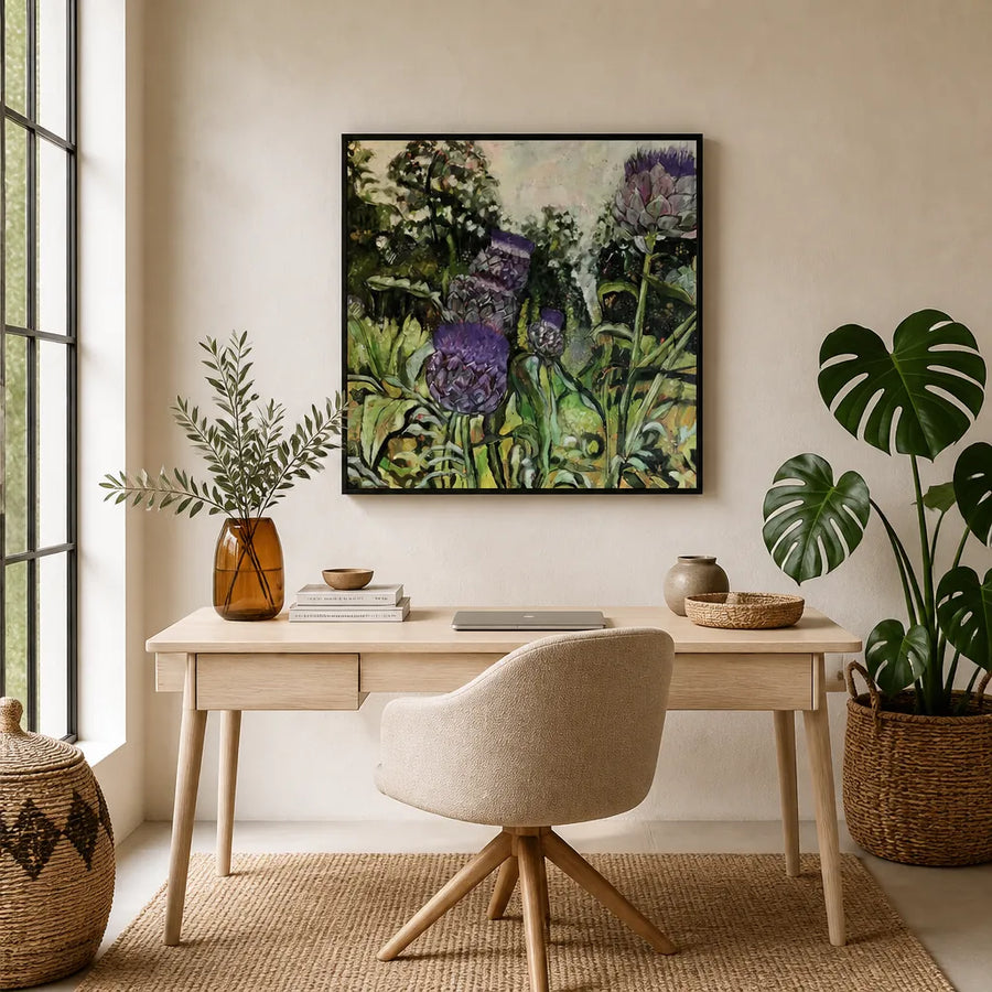 Purple Artichoke Garden Art Print in a room setting