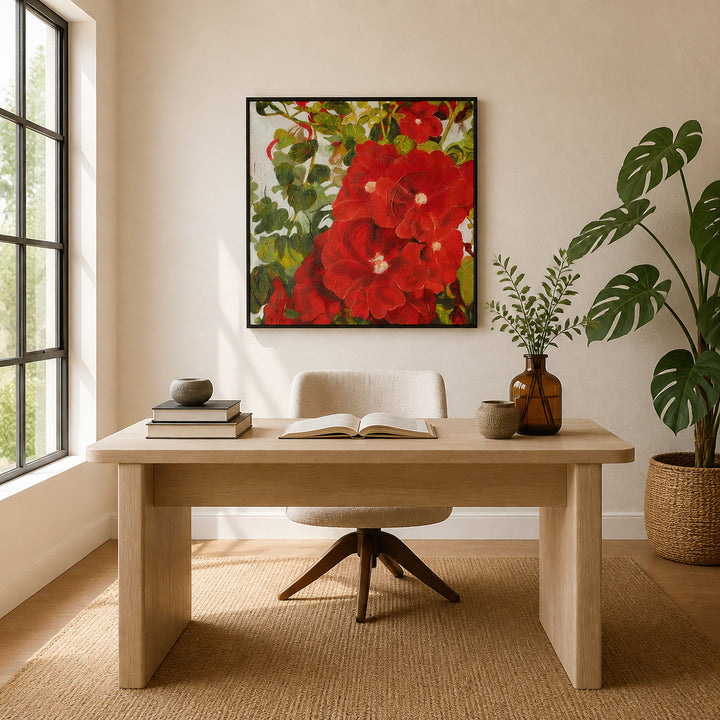 Room mockup featuring Vibrant Red Blooms Art Print