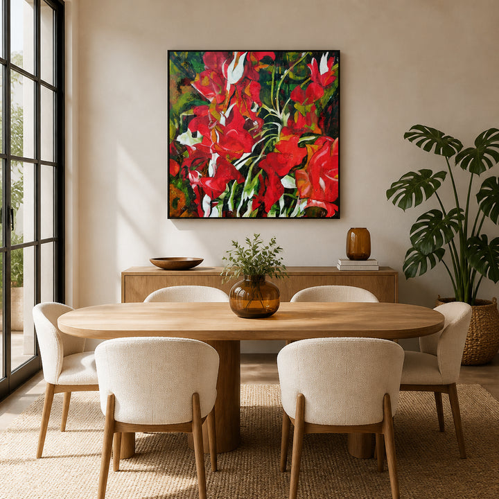 Room mockup featuring Vibrant Red Flowers Art Print
