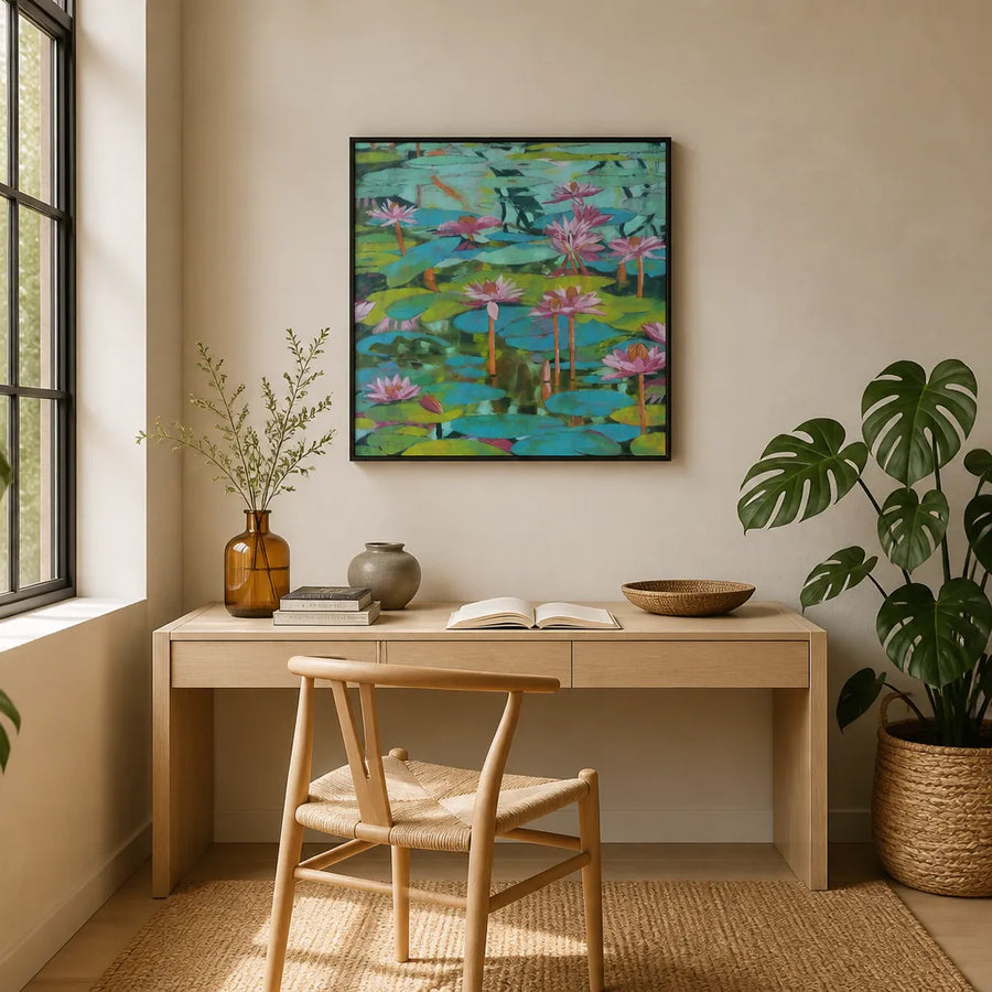 Vibrant Water Lilies Art Print in a room setting