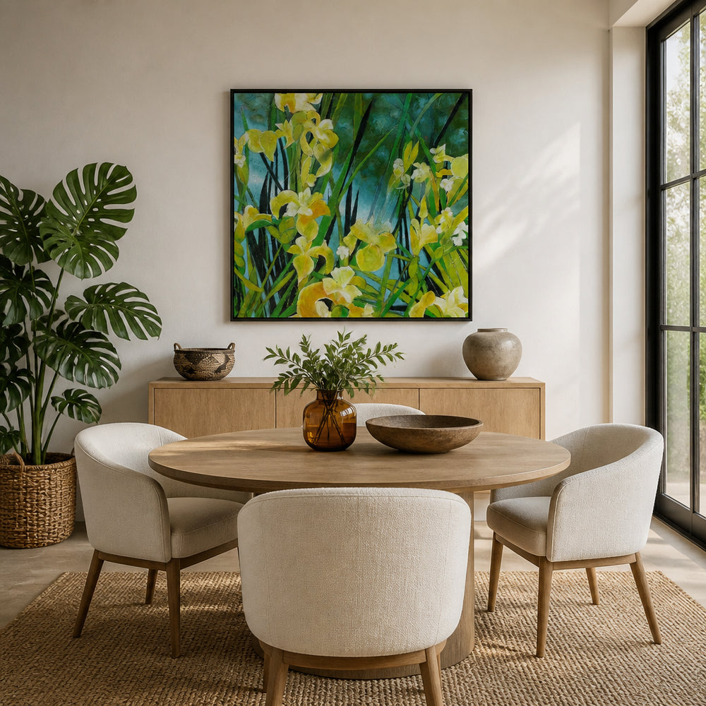 Room mockup featuring Vibrant Yellow Irises Art Print