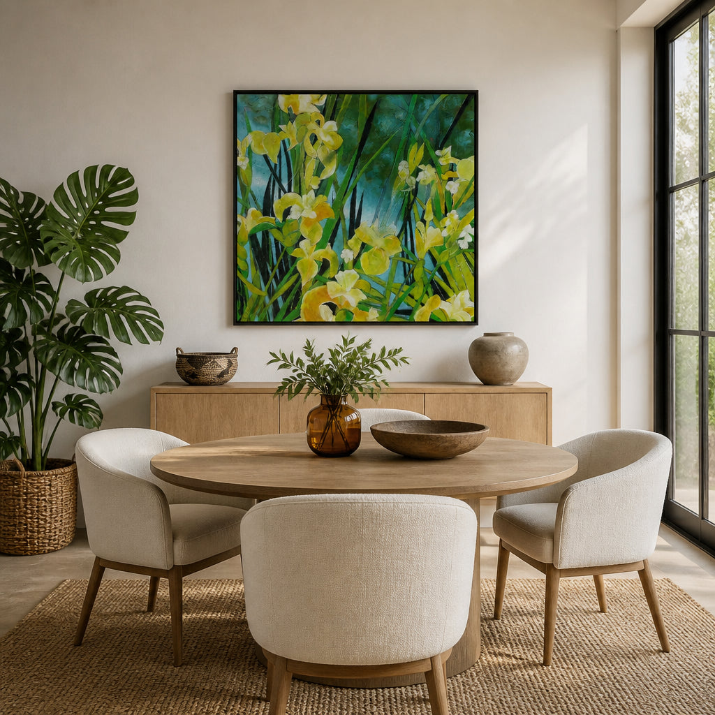 Room mockup featuring Vibrant Yellow Irises Art Print