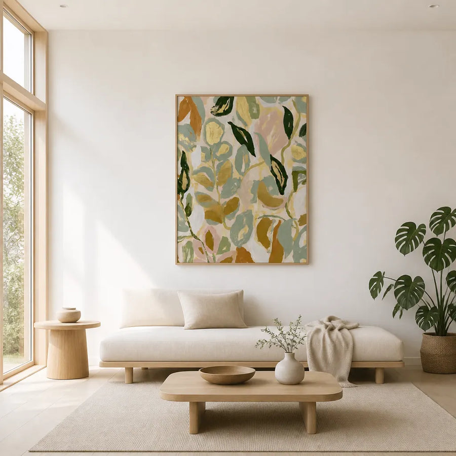 Abstract Gold Leaves Art Print in a room setting
