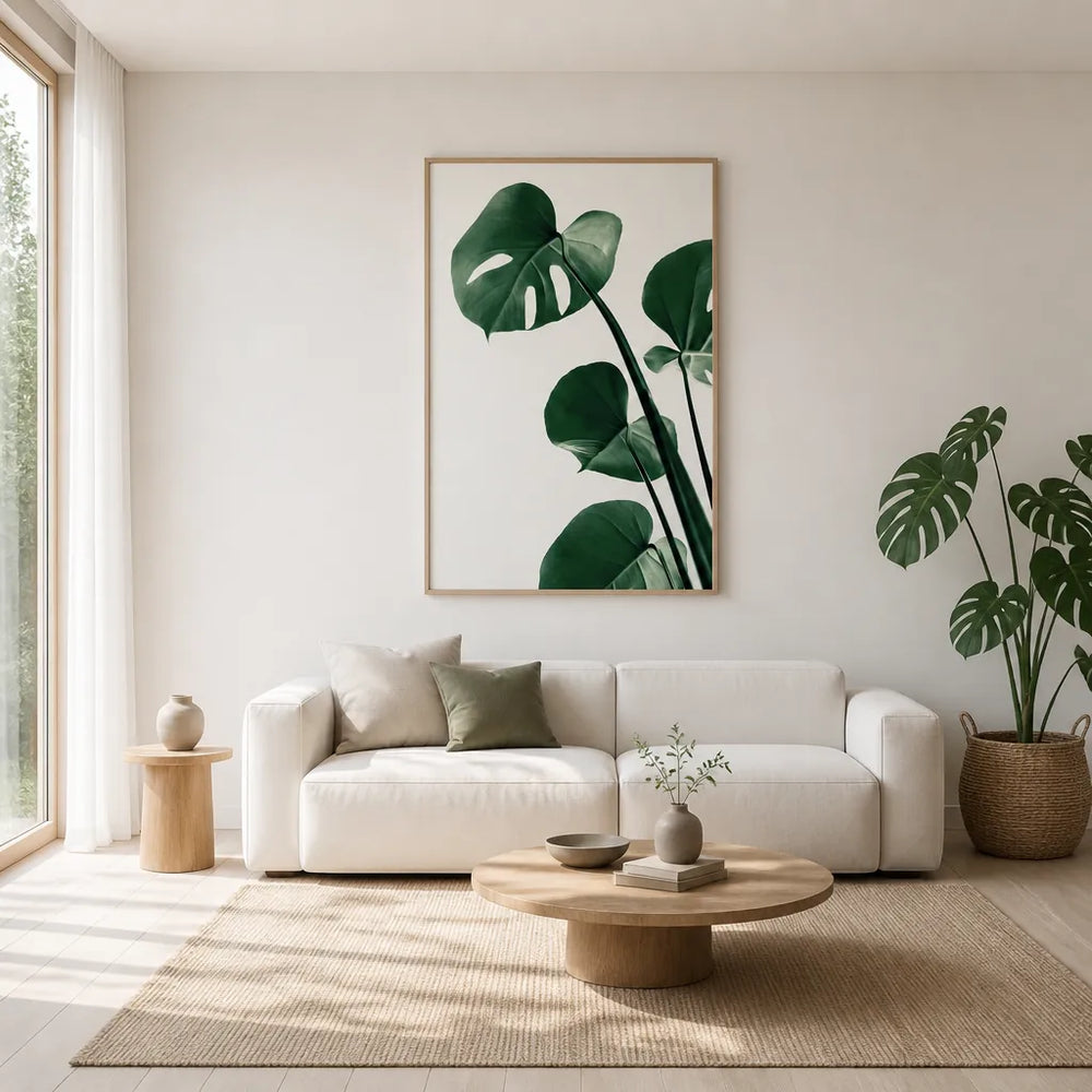 Room mockup featuring Deep Green Monstera Leaves Photo Print