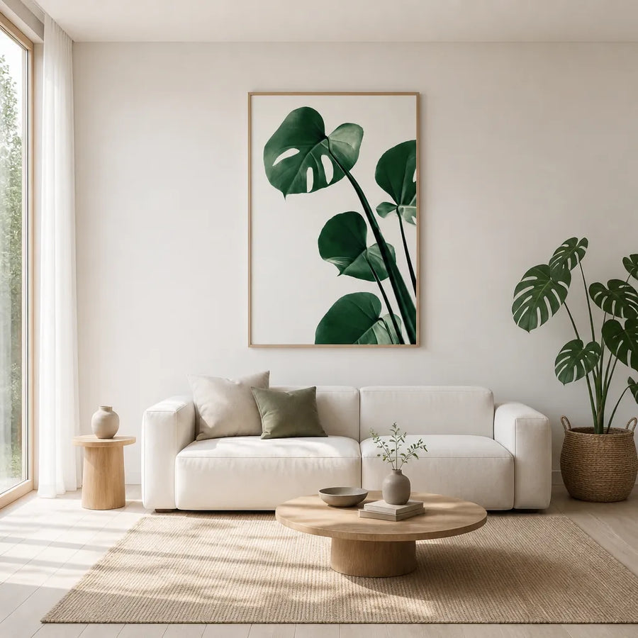 Deep Green Monstera Leaves Photo Print in a room setting