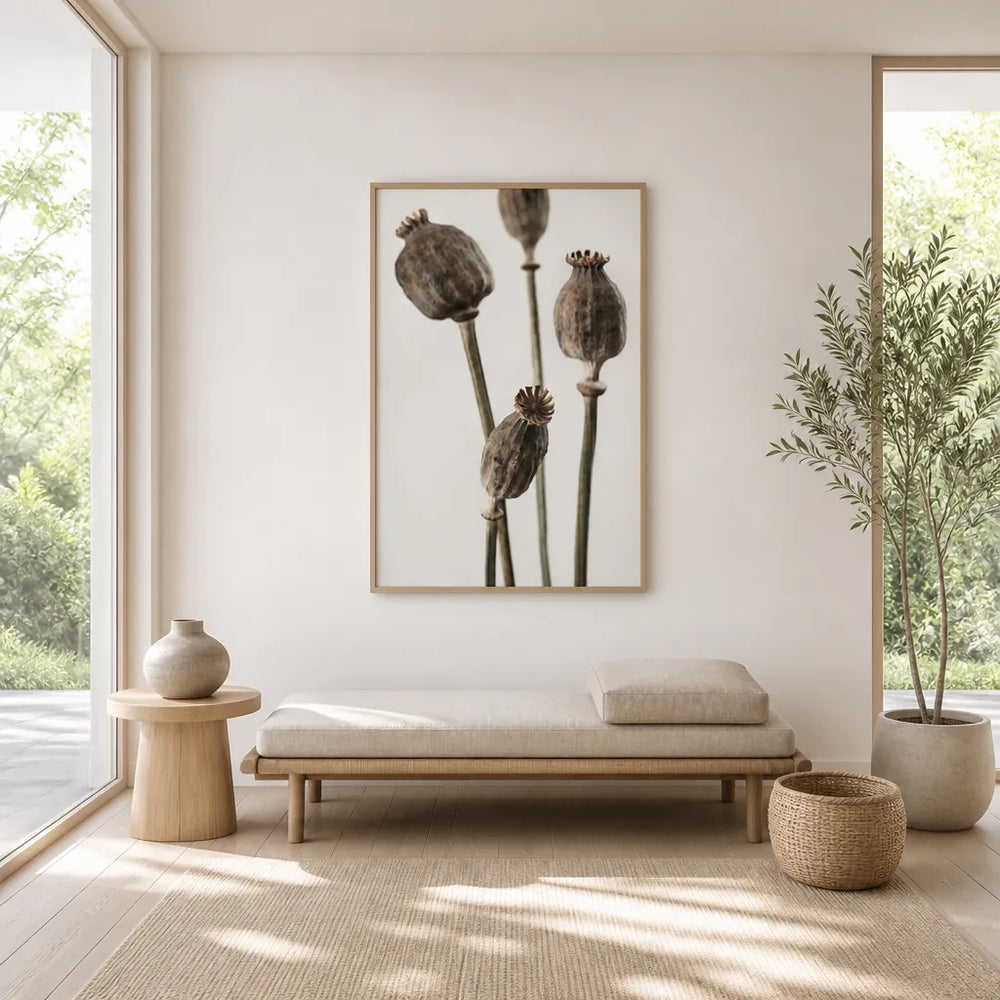 Room mockup featuring Earthy Poppy Seed Pods Photo Print