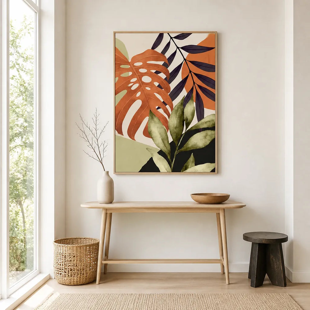 Room mockup featuring Earthy Tropical Leaves Art Print
