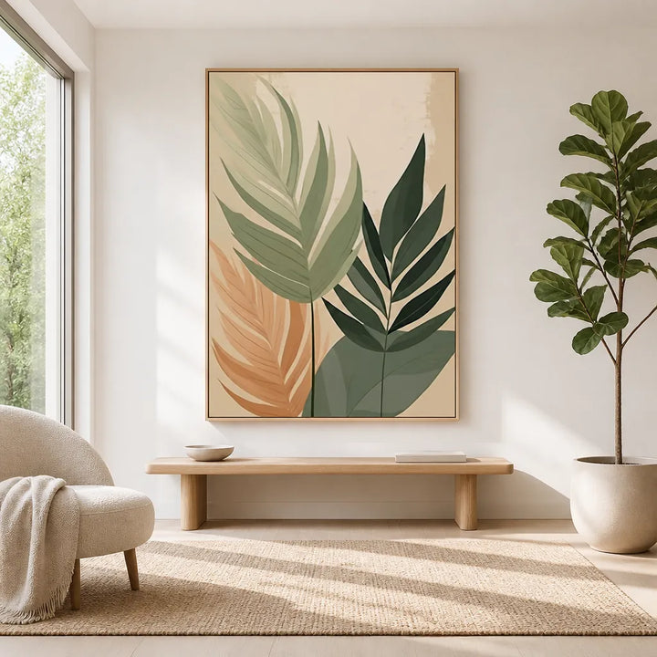 Room mockup featuring Earthy Tropical Leaves Art Print