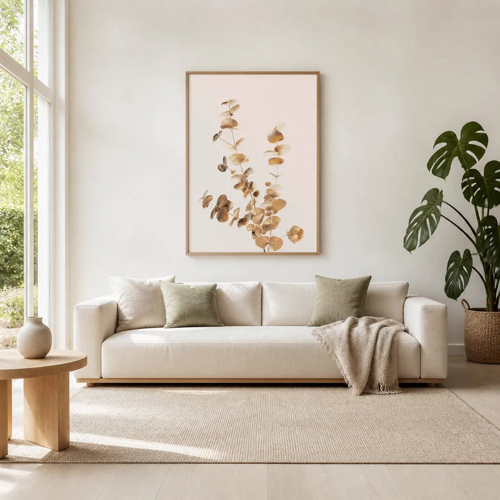 Room mockup featuring Golden Eucalyptus Branches Photo Print
