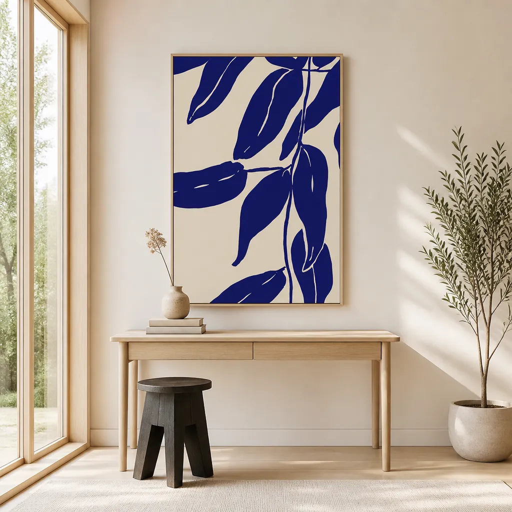 Room mockup featuring Indigo Leaves Dance Art Print