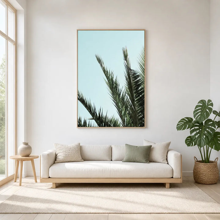 Room mockup featuring Serene Tropical Palms Photo Print