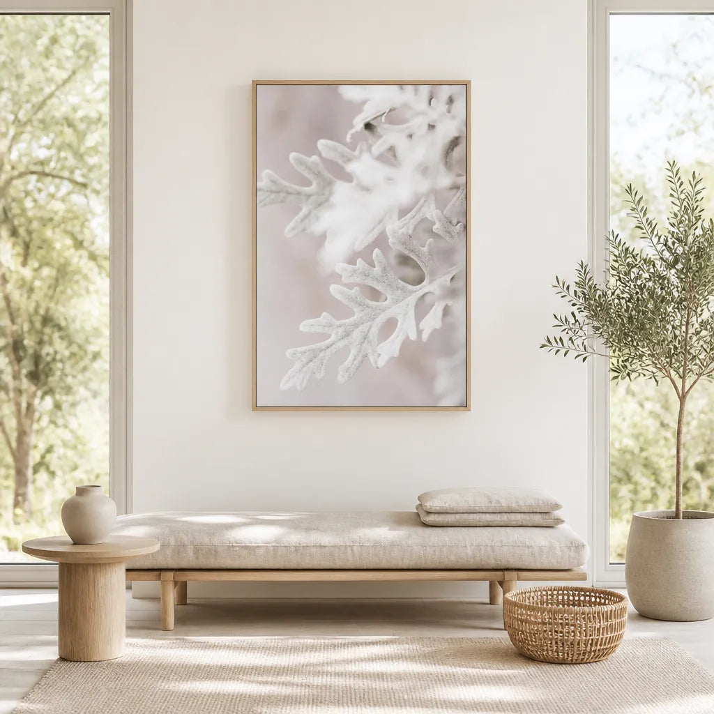 Room mockup featuring Silver Dusty Miller Leaves Photo Print