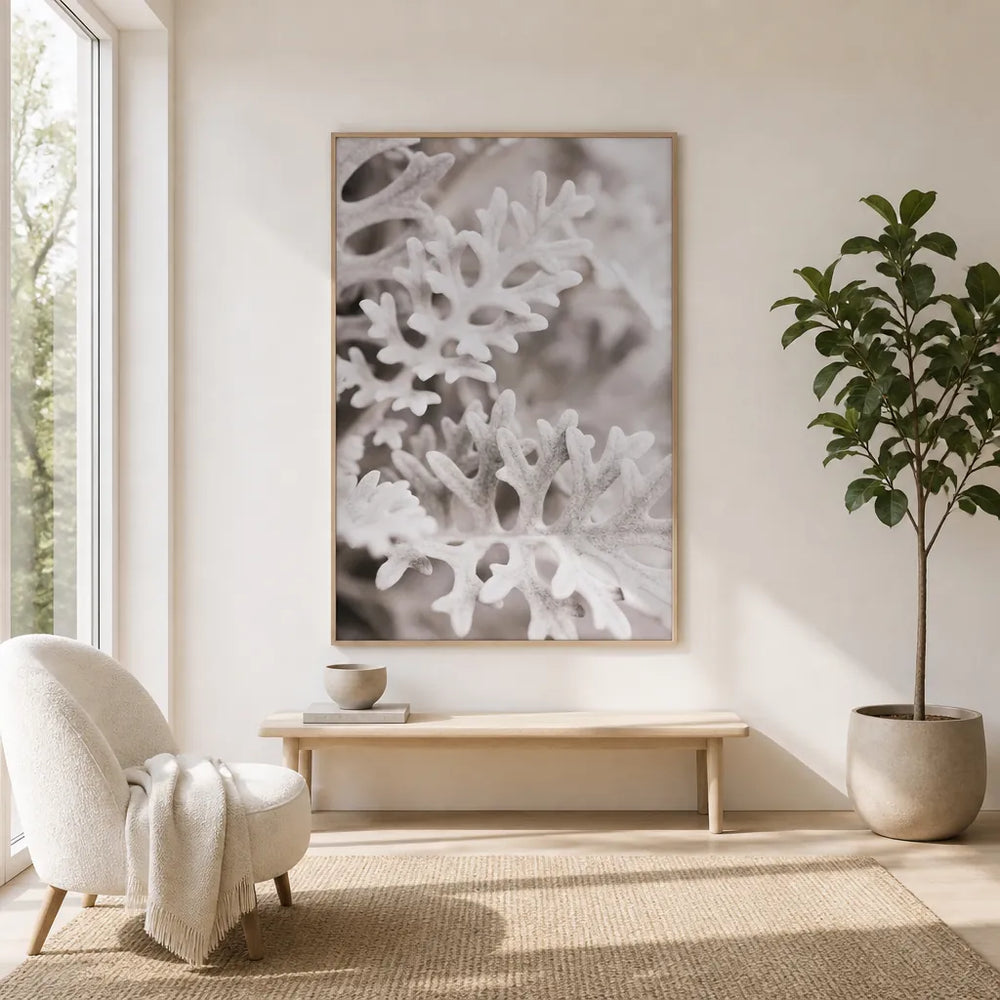 Room mockup featuring Soft Silver Leaves Photo Print