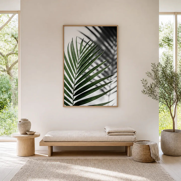 Room mockup featuring Vibrant Green Palm Leaf Photo Print
