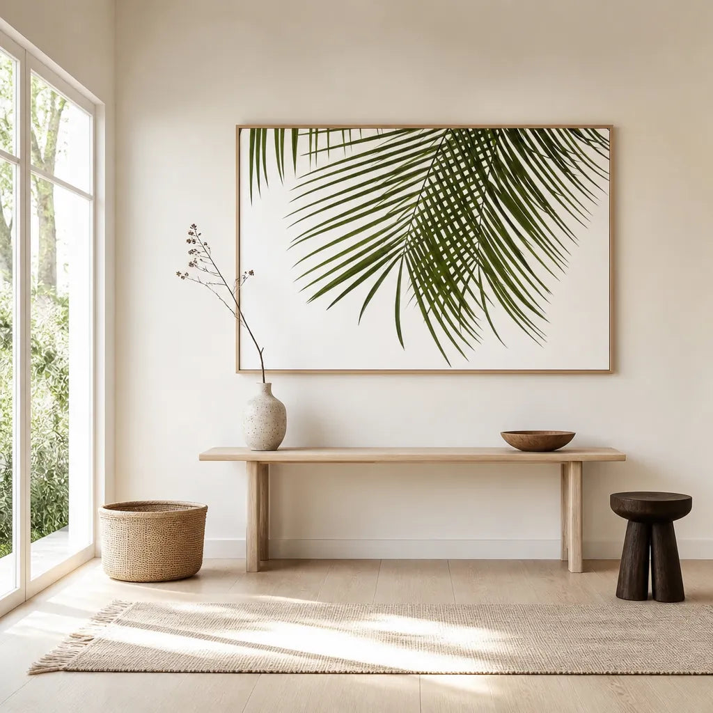 Vibrant Palm Fronds Photo Print shown in a styled room