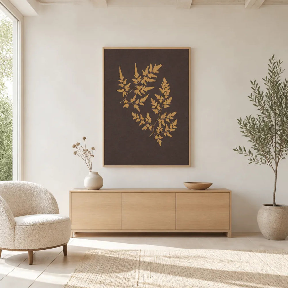 Room mockup featuring Vintage Golden Fern Fronds Art Print