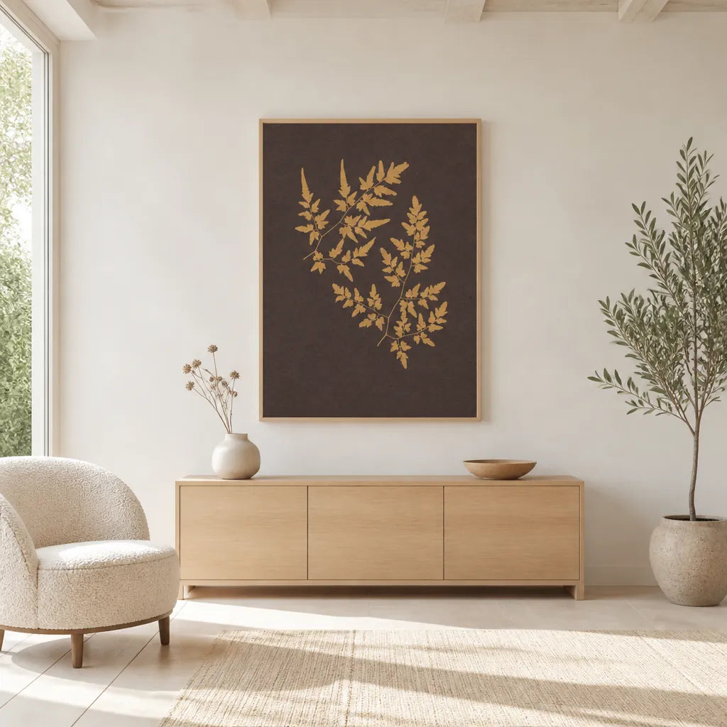 Room mockup featuring Vintage Golden Fern Fronds Art Print
